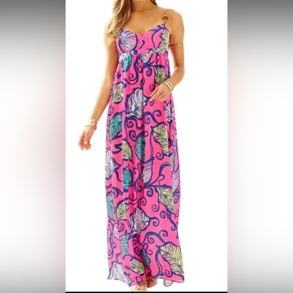 🦄 HTF Lilly Pulitzer Sz 10 Joanna Maxi Tropical Pink Leaves in the Breeze